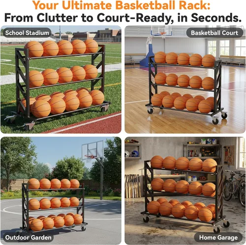 Vista 9 de Bastidores de baloncesto para pelotas, carrito de bolas resistente con ruedas, almacenamiento de baloncesto de 3 niveles y 20 bolas, carrito