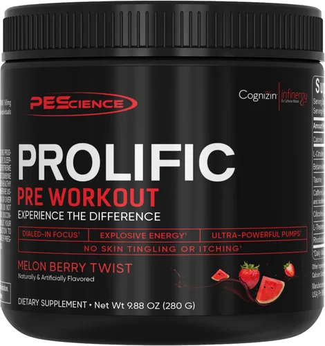 Vista 14 de PEScience - Suplemento energético Prolific en polvo con óxido nítrico para el pre entrenamiento, 40 cucharadas Energía y bomba, L citrulina