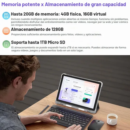 Vista 5 de DIGITHINK Tablet PC de 128 GB 10 pulgadas Android 16.0, tabletas Android, DDR4 4 GB RAM+16GB Extend 20GB ROM 128GB Memoria 2MP+8MP Dual Camera Negro