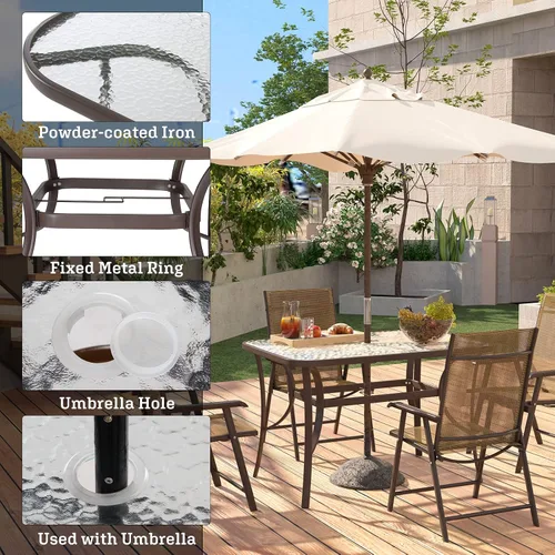 Vista 6 de soges Mesa de café bistró de 47 pulgadas para patio al aire libre, mesa de comedor rectangular con marco de acero templado con agujero