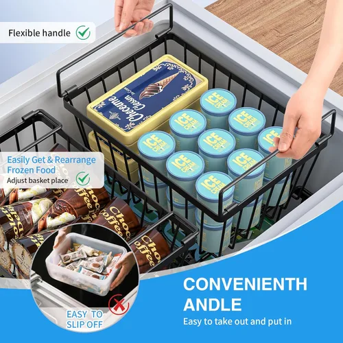 Vista 5 de Contenedores organizadores de congelador con asas plegables, paquete de 4 cestas organizadoras de congelador vertical apilables para almacenamiento