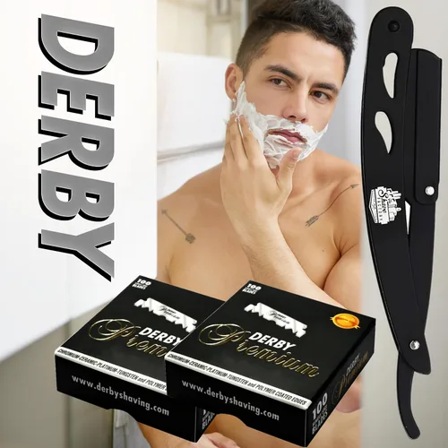 Vista 7 de 100 cuchillas de afeitar "Derby Premium" de un solo filo para maquinilla de afeitar recta