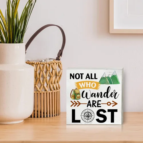 Vista 5 de Cartel rústico de madera con texto en inglés «Not All Who Wander are Lost Mountain» para decoración del hogar, caja de madera para campamento