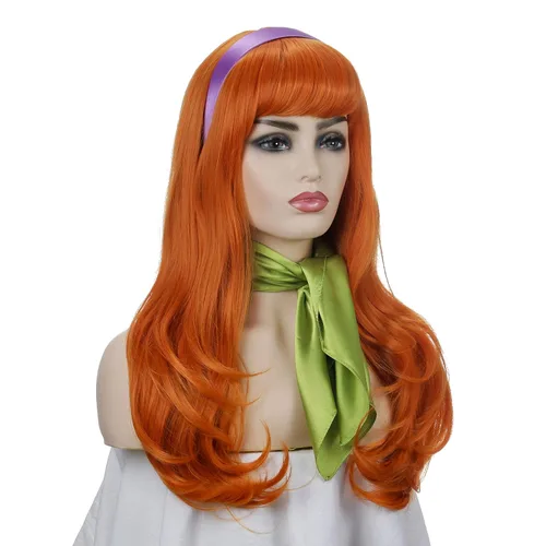 Vista 4 de Peluca naranja con flequillo, peluca larga ondulada para mujer, disfraz de cosplay, Halloween, con diadema morada y bufanda verde