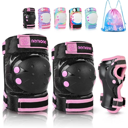 Vista 16 de NEMONE Rodilleras para niños, coderas, coderas, muñequeras con bolsa de cordón, juego de equipo de protección reflectante ajustable para patinetes