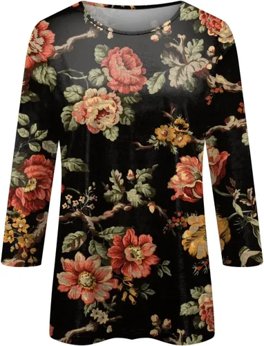 Vista 4 de Camisas para mujer, estilo casual, cuello redondo, manga tres cuartos, impresa, para mujer