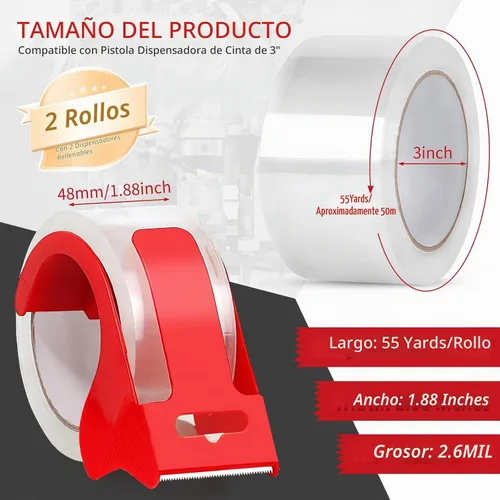Vista 2 de Cinta de embalaje transparente resistente con dispensador, 2 rollos de cinta de envío fuerte y duradera, cinta de embalaje de 1.88 pulgadas x 55