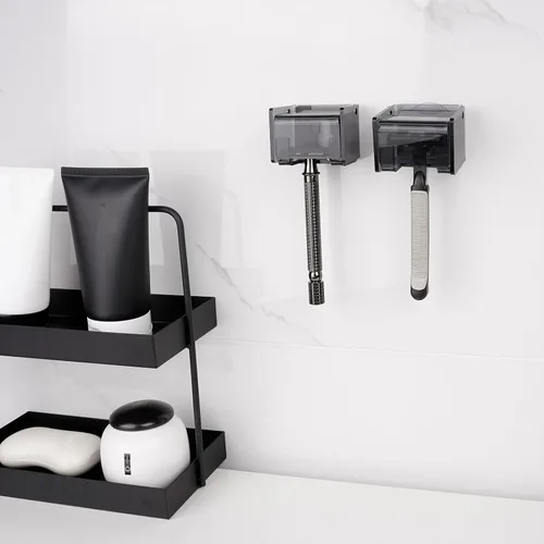 Vista 4 de Paquete de 2 soportes acrílicos para maquinilla de afeitar con cubierta para ducha, organizador de afeitadora montado en la pared con ventosa