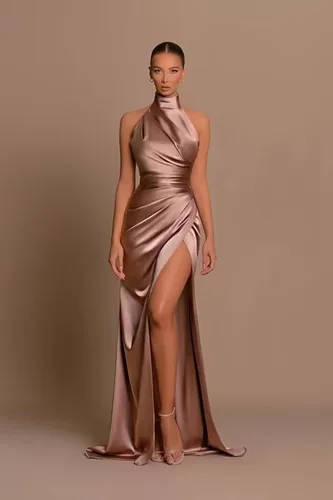 Vista 2 de Mkojaa Vestidos de dama de honor con cuello halter, vestidos de noche largos fruncidos y divididos