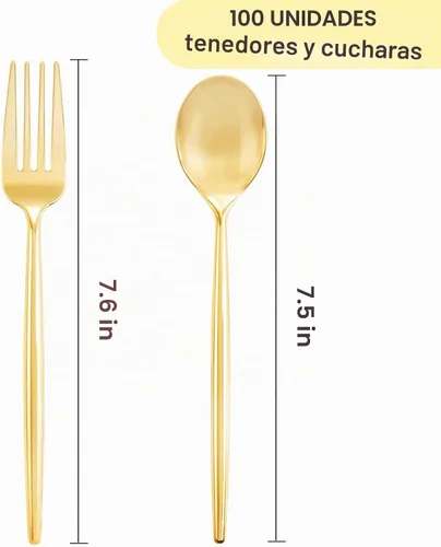 Vista 2 de SUT Juego de 100 piezas de tenedores y cucharas de plástico dorado resistente, cubiertos desechables dorados, cubiertos dorados, utensilios