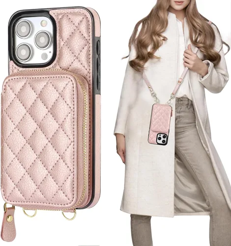 Vista 14 de Bocasal Funda tipo cartera cruzada para iPhone 15 Pro Max, con bloqueo RFID, de piel sintética, con cremallera, funda tipo cartera con función atril