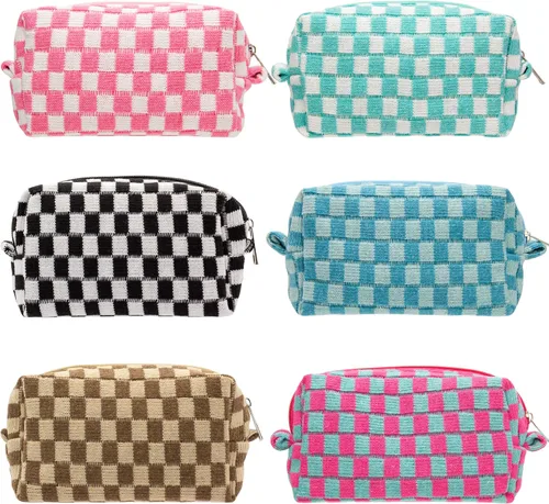 Vista 64 de PAZIMIIK Bolsa de Maquillaje a Cuadros para Bolso Portátil con Cremallera, Estuche Pequeño de Cosméticos para Accesorios de Viaje, Azul Ártico