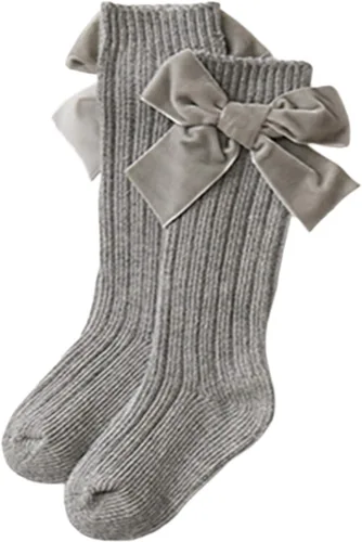 Vista 6 de Kayotuas Calcetines altos hasta la rodilla con lazos, calcetines de uniforme con volantes de tubo largo, calcetines de punto acanalado para bebés