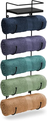 Vista 8 de Sorbus Toallero de baño – Toallero de metal de 5 niveles con estante de madera para toallas de baño enrolladas, toallas de baño, ropa de cama