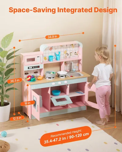 Vista 2 de VEVOR Cocina de Juguete de Madera, Cocina de Juego para Niños con Luces y Sonidos, Cocina Infantil con Máquina de Hielo, Horno, Fregadero