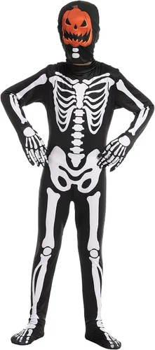 Vista 3 de Spooktacular Creations Disfraz de esqueleto de Halloween con cabeza de calabaza para niños, la máscara de calabaza para juegos de rol