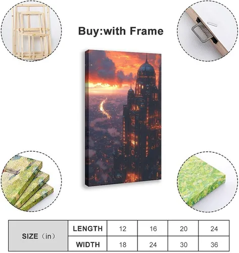 Vista 2 de XAHOR Sci-Fi Steampunk Canvas Wall Art – Cyberpunk Retro City at Dusk Canvas Poster Wall Art Decor Print Picture Paintings for Living Room Bedroom