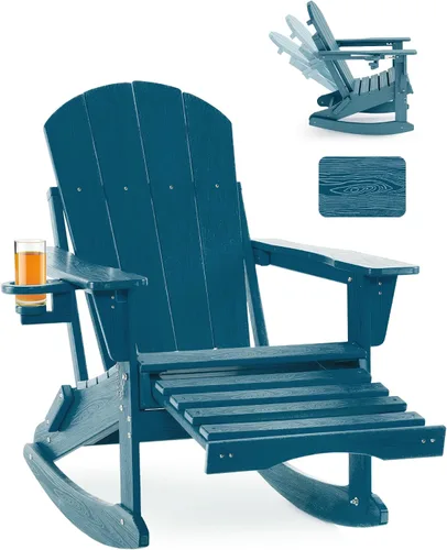 Vista 25 de Mecedora plegable Adirondack, silla de patio multifuncional 4 en 1 con otomana retráctil, silla de exterior con textura de madera, silla de césped