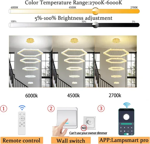 Vista 8 de Lámpara de araña moderna de 5 anillos de oro larga de cristal para techo alto, forma de altura ajustable, regulable 8 pulgadas + 16 pulgadas + 24