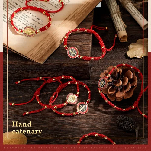 Vista 6 de 12 pulseras de San Benito hechas a mano con cordón rojo pulseras de rosario ajustables regalo de suerte para mujeres hombres niños y niñas Metal