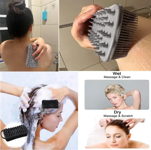 Vista 4 de Paquete de 2 exfoliantes corporales de silicona de doble cara para exfoliación, ducha y masaje del cuero cabelludo, cepillo 2 en 1 para baño