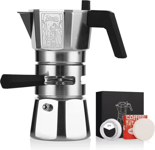 Vista 10 de Bincoo Máquina de café expreso de 4.1 fl oz, doble válvula, olla moka con extractor de termostato, evita la extracción excesiva, olla italiana