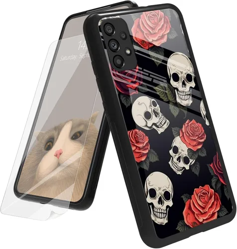 Vista 92 de Funda para Samsung Galaxy A12 5G con protector de pantalla, parte trasera de vidrio templado + TPU de silicona suave que absorbe los golpes