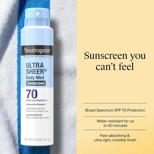 Vista 3 de Neutrogena Ultra Sheer Body Mist - Protector solar en aerosol de amplio espectro, SPF 70, protector solar en aerosol ligero, no graso y resistente