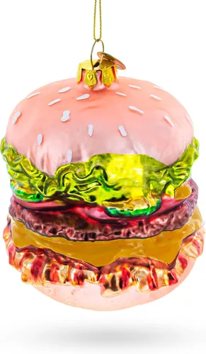 Vista 2 de Adorno navideño de vidrio soplado de hamburguesa con queso doble
