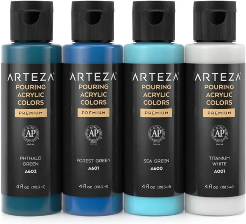 Vista 3 de ARTEZA Juego de 4 colores de pintura acrílica para vertido, botellas de 4 onzas, tonos aguamarina, pintura acrílica de alto flujo, suministros