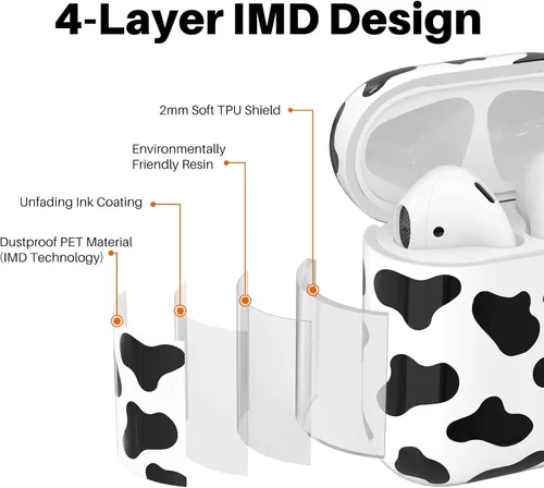 Vista 3 de NIUTRENDZ Linda funda con estampado de vaca para AirPods, diseño IMD duro TPU a prueba de golpes [LED frontal visible] [carga inalámbrica] Funda