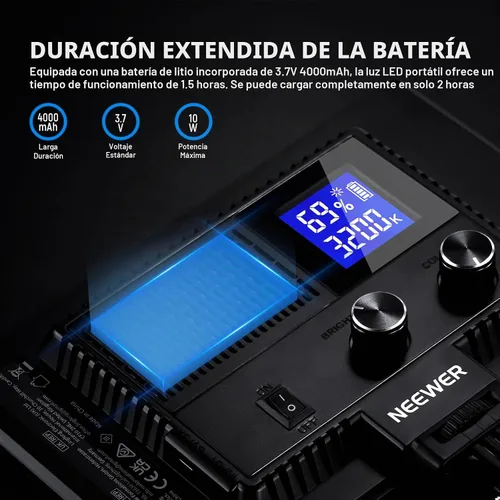Vista 4 de NEEWER Panel de luz de video LED de 9" regulable con iluminación suave para cámara DSLR con mini trípode de escritorio, puertos USB tipo C