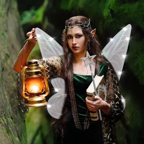 Vista 3 de U-Goforst Alas de disfraz de hadas iluminadas para mujeres y niñas adultas, alas de mariposa LED, varita para Halloween, cosplay
