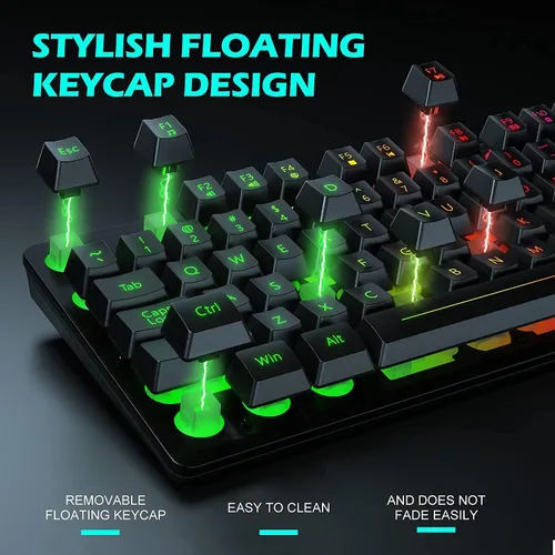 Vista 2 de Teclado para juegos, teclado de membrana con cable de 105 teclas, teclado retroiluminado LED arcoíris, diseño de tecla flotante, panel de aleación