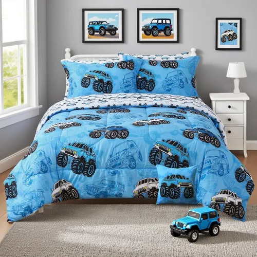 Vista 11 de Mooreeke Juego de edredón individual para niños de 6 piezas, juego de ropa de cama azul para adolescentes, cama de tren de microfibra para niños
