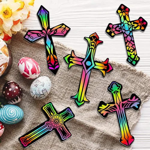 Vista 7 de ZMLM Regalos cristianos para niños: 60 piezas de adornos de cruz para rascar, arco iris, juego de papel para rascar para aula, recuerdo de fiesta