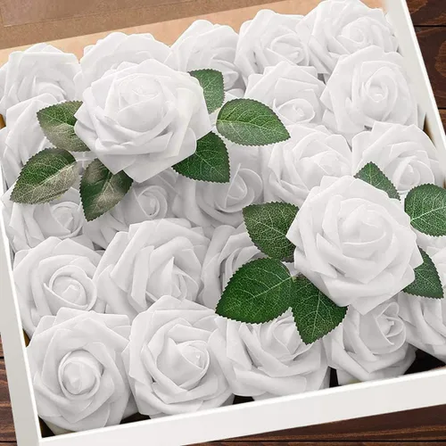 Vista 31 de Higfra Flores artificiales, 25 unidades, rosas falsas de espuma negra de aspecto real con tallos para ramos de boda, centros de mesa de despedida