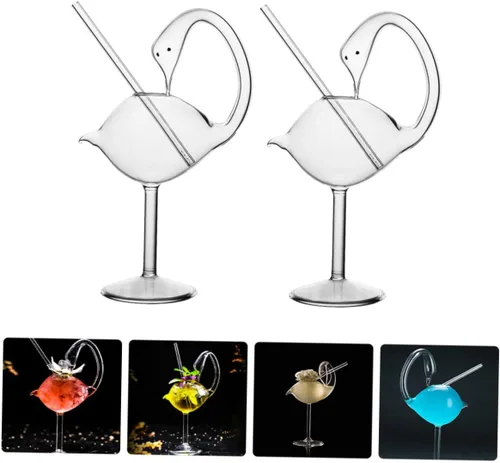 Vista 7 de Hemoton Copas de cóctel en forma de cisne de 6.0 fl oz con pajita de vidrio, copas de vino creativas, copas para beber jugo Martini, whisky