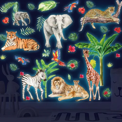 Vista 7 de Adhesivos de pared de animales de la jungla que brillan en la oscuridad, calcomanías de pared luminosas y animales del safari que se pueden quitar