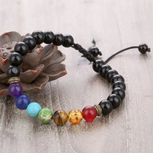 Vista 4 de Brazalete GelConnie de piedras de lava, 7 chakras, 0.32 pulgadas, piedra natural, para curación, alivio del estrés, yoga, ansiedad, aromaterapia