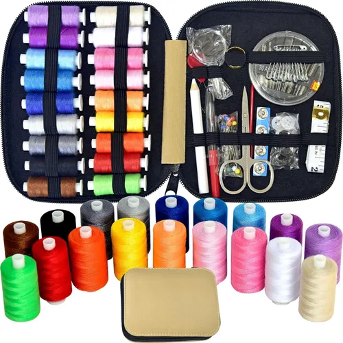 Vista 10 de Kit de costura con estuche, suministros de costura portátiles para el hogar, viajero, adultos, principiantes, emergencia, contiene 18 hilos