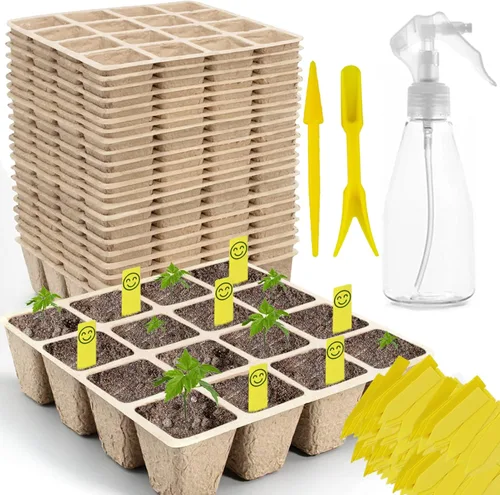 Vista 9 de Bandejas de inicio de plántulas de 200 celdas con agujeros de drenaje, 20 macetas de turba biodegradables, kit de inicio de plántulas, bandejas