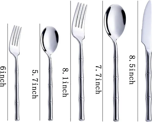 Vista 6 de Juego de cubiertos de bambú dorado de 30 piezas para 6 juegos de cubiertos duraderos de acero inoxidable 18/10, utensilios de cocina para el hogar