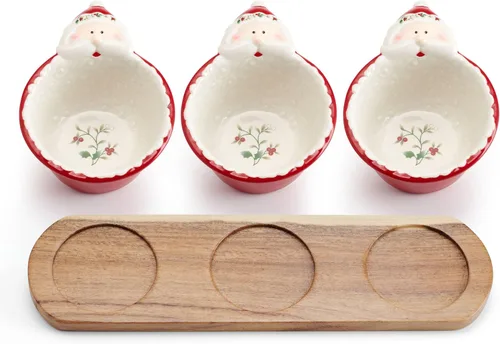 Vista 5 de Pfaltzgraff Winterberry Cuencos para Salsas de Papá Noel con Base de Madera, Juego de 3