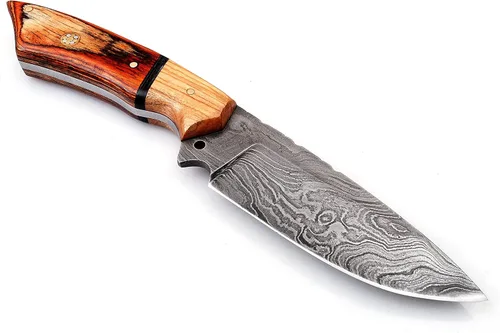 Vista 2 de Cuchillos de Damasco para despellejado de caza - Cuchillo de caza de hoja fija con vaina - Cuchillo de acero de Damasco con mango de madera