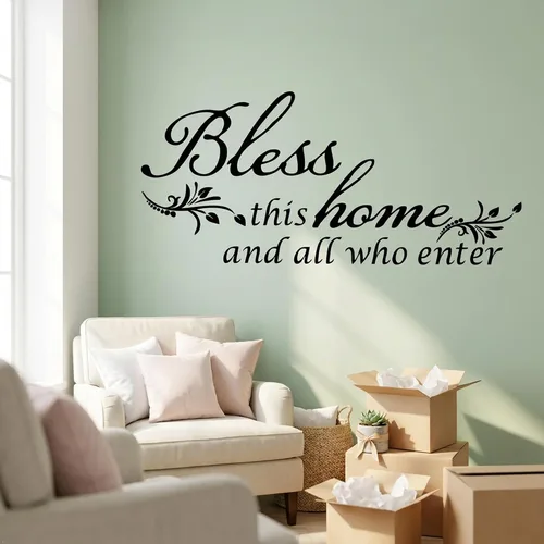 Vista 4 de Decoración de calcomanía de vinilo con texto en inglés “Bless This Home and All who Enter”, para la entrada o la sala de estar Negro