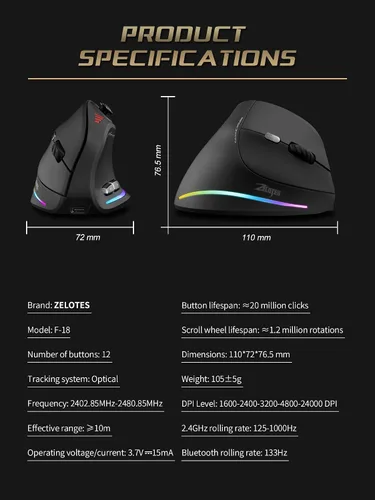 Vista 12 de TKMARS Ratón vertical ergonómico inalámbrico para juegos con joystick, Bluetooth y 2.4G, 12 botones programables, 24000 DPI ajustable, mouse RGB