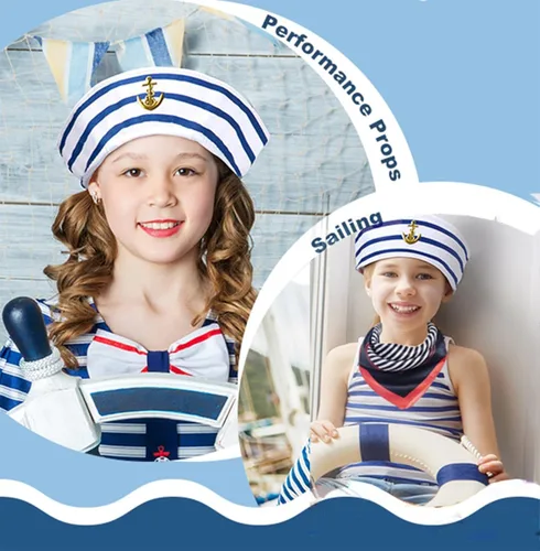 Vista 3 de Conjunto de sombrero de marinero y bufanda, traje azul marino, ajustable, sombrero de capitán de barco, disfraz náutico para mujeres, hombres y niños