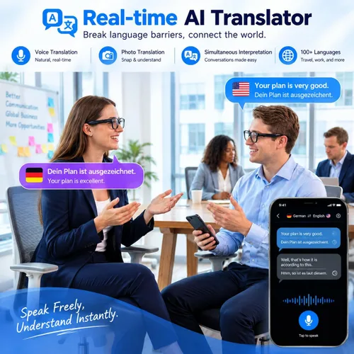 Vista 6 de Lentes inteligentes AI con cámara de 13 MP, audio Bluetooth, control de voz y traducción en tiempo real, gafas inteligentes de oreja abierta