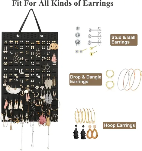 Vista 3 de Resovo Organizador de aretes colgantes, soporte para aretes y 20 ganchos, capacidad para hasta 300 pares, diseño compacto, material suave